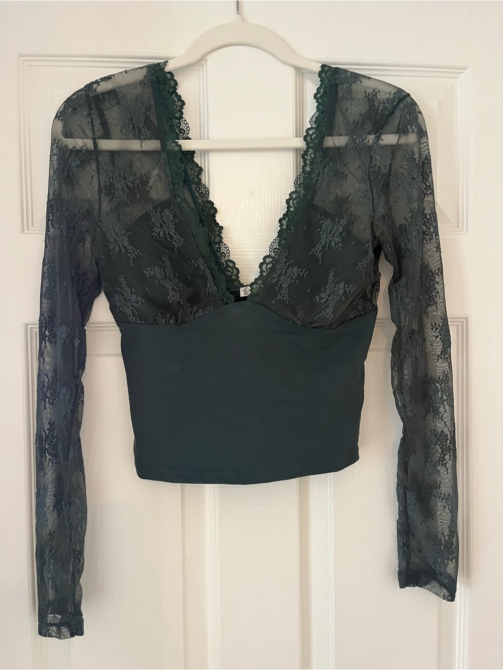 Free People Sheer Lace Long Sleeve Deep V Crop Top - Dark Green